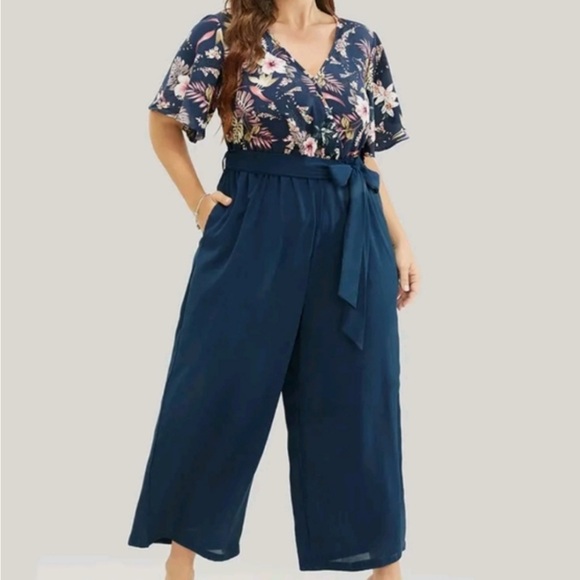 BloomChic Pants - Bloomchic Plus Size Floral Patchwork Wrap Belted Pocket Jumpsuit